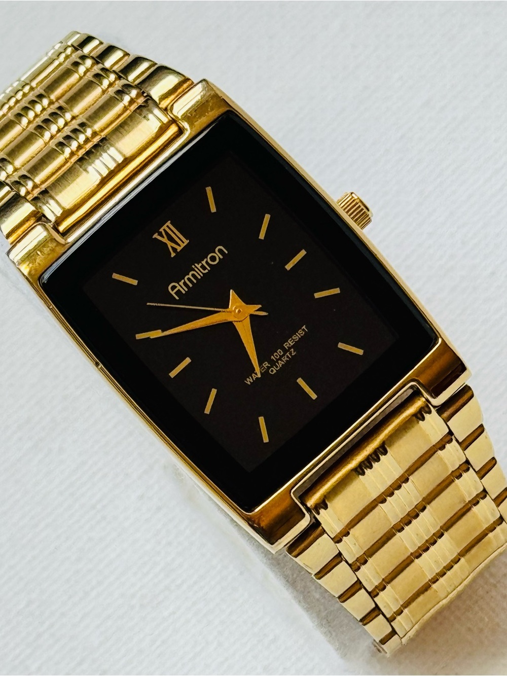 Vintage Armitron Midsized Women's Tank Bracelet Watch Gold Black Dial 20/1576